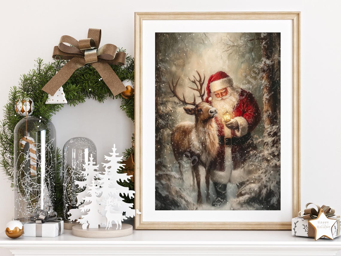 Santa With Lantern and Reindeer in Snowy Forest Vintage Art Poster - Image 2