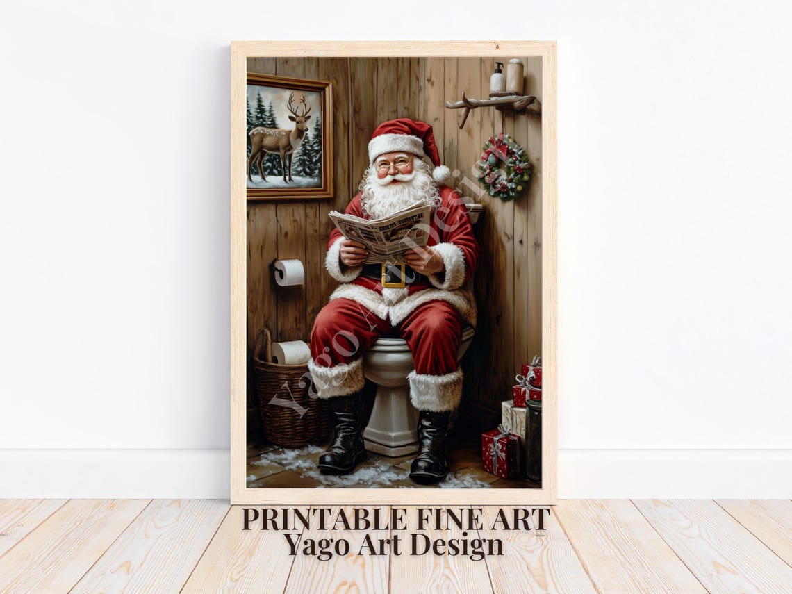 Santa Claus Reading Newspaper on Toilet Poster Rustic Bathroom