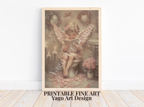 Cupid On Toilet Valentines Day Wall Art Print Cute Romantic Cupid Decor Valentines Day Wall Art Cute Bathroom Decor Kids Bathroom Art