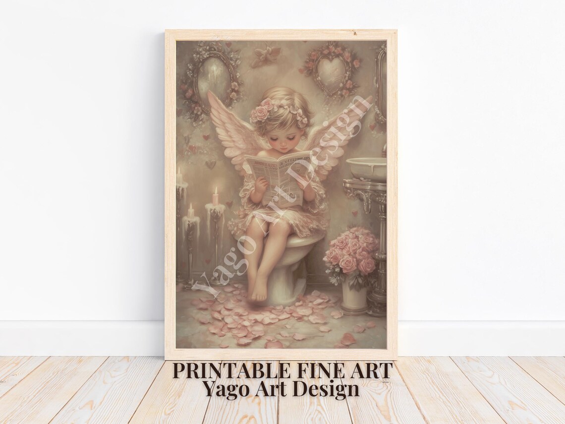 Cupid Angel Reading Newspaper on Toilet Valentine Bathroom Poster