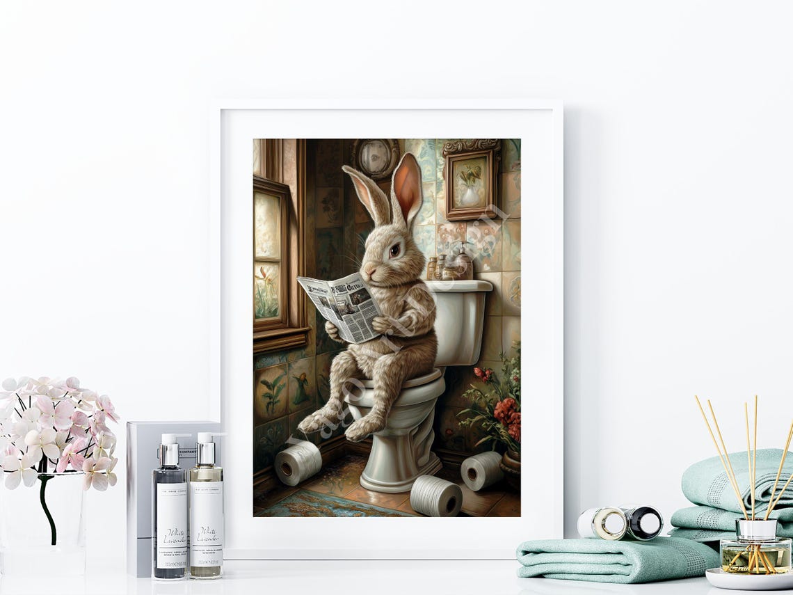 Bunny On Toilet Reading Newspaper Vintage Funny Bathroom Poster - Image 3