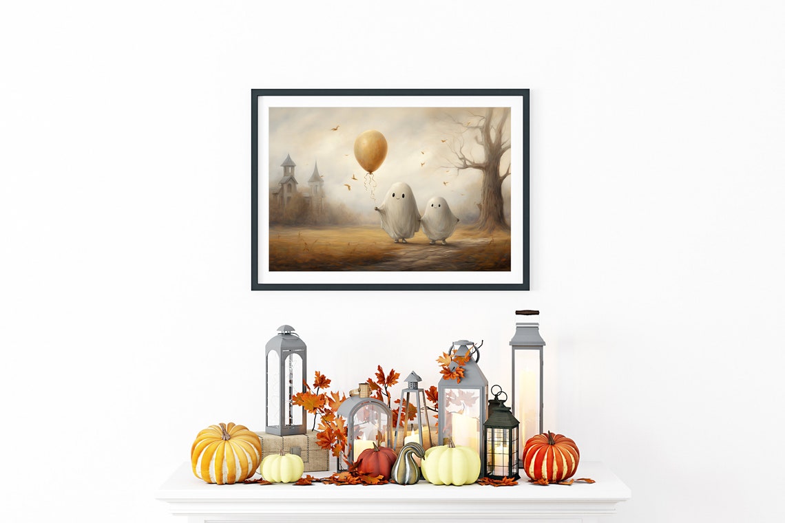 Cute Ghost Wall Art Print Halloween Art Print Ghost Holding Balloon Wall Decor Cute Ghosts In Field Autumn Wall Art Nursery Decor - Image 3
