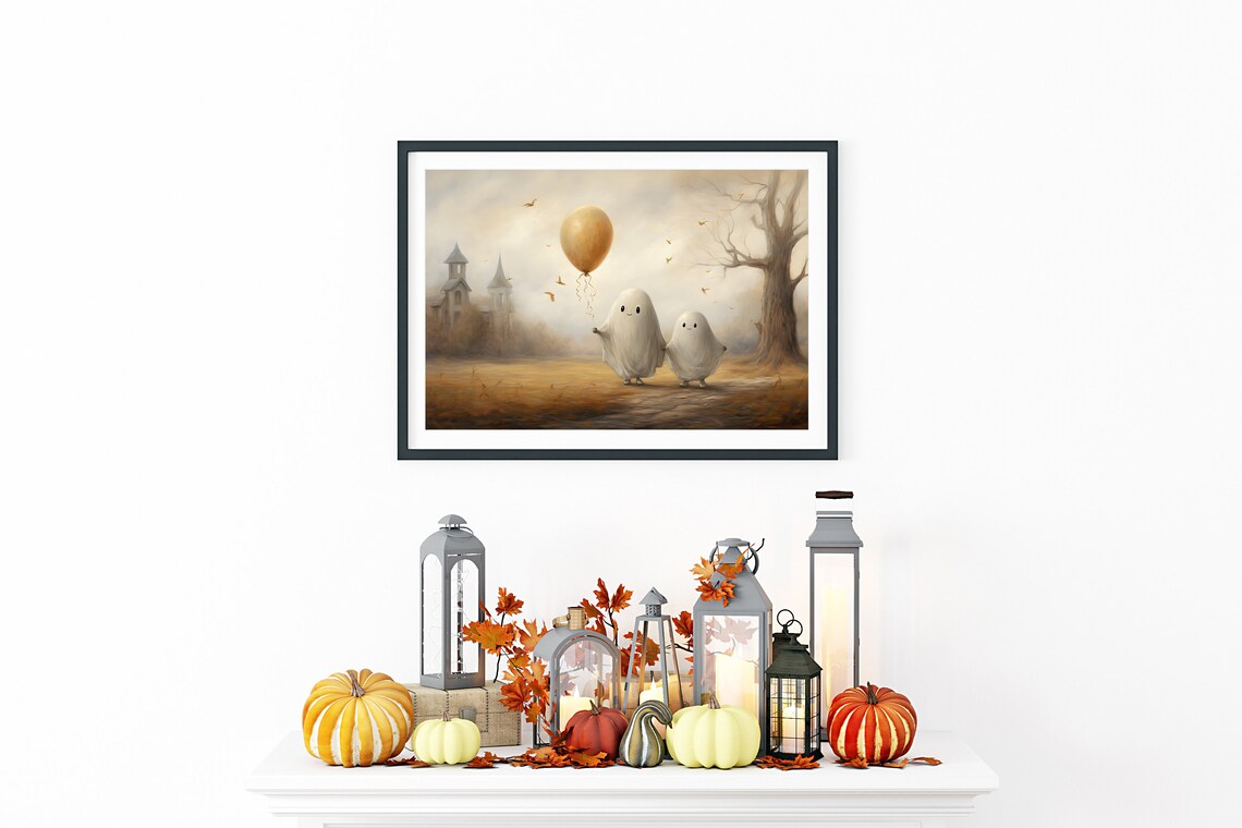 Two Cute Ghost Friends Golden Balloon Autumn Landscape Art Print - Image 3