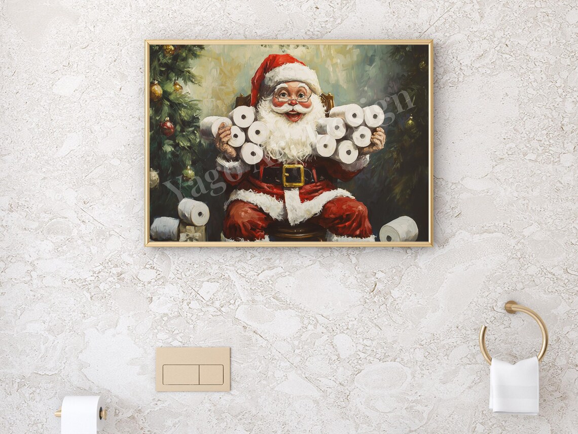Funny Santa on Toilet with Toilet Paper Christmas Bathroom Poster - Image 2