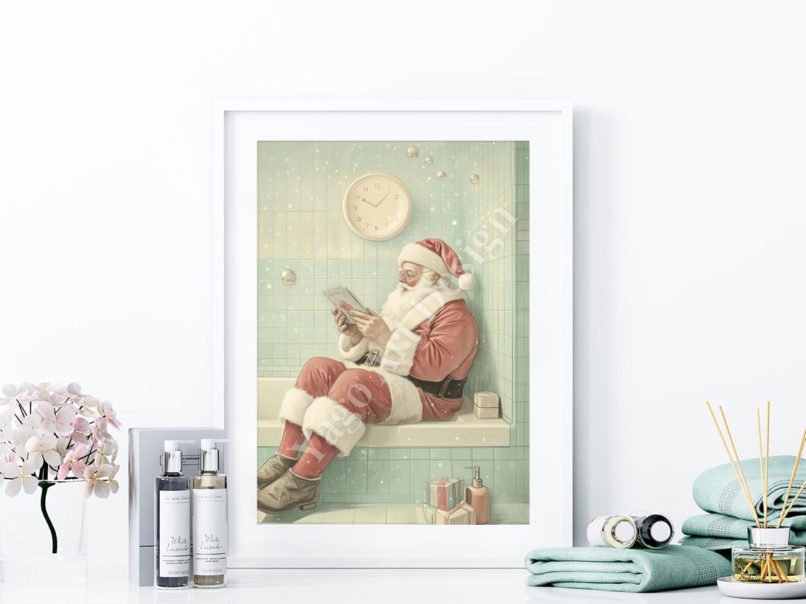 Santa Claus Reading Newspaper on Bathtub Edge Vintage Christmas Poster - Image 4