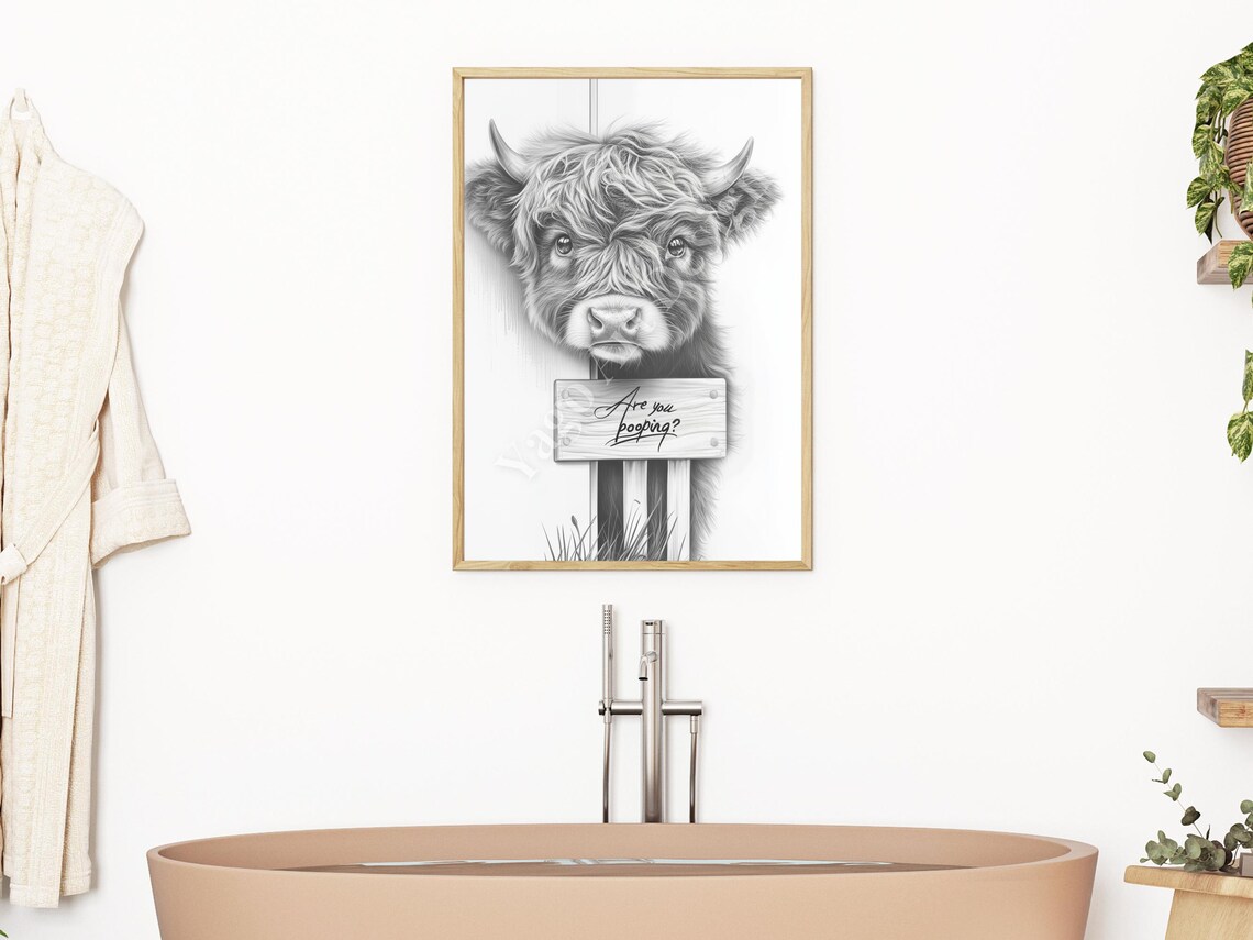 Highland Cow Are You Pooping Sign Funny Bathroom Wall Poster