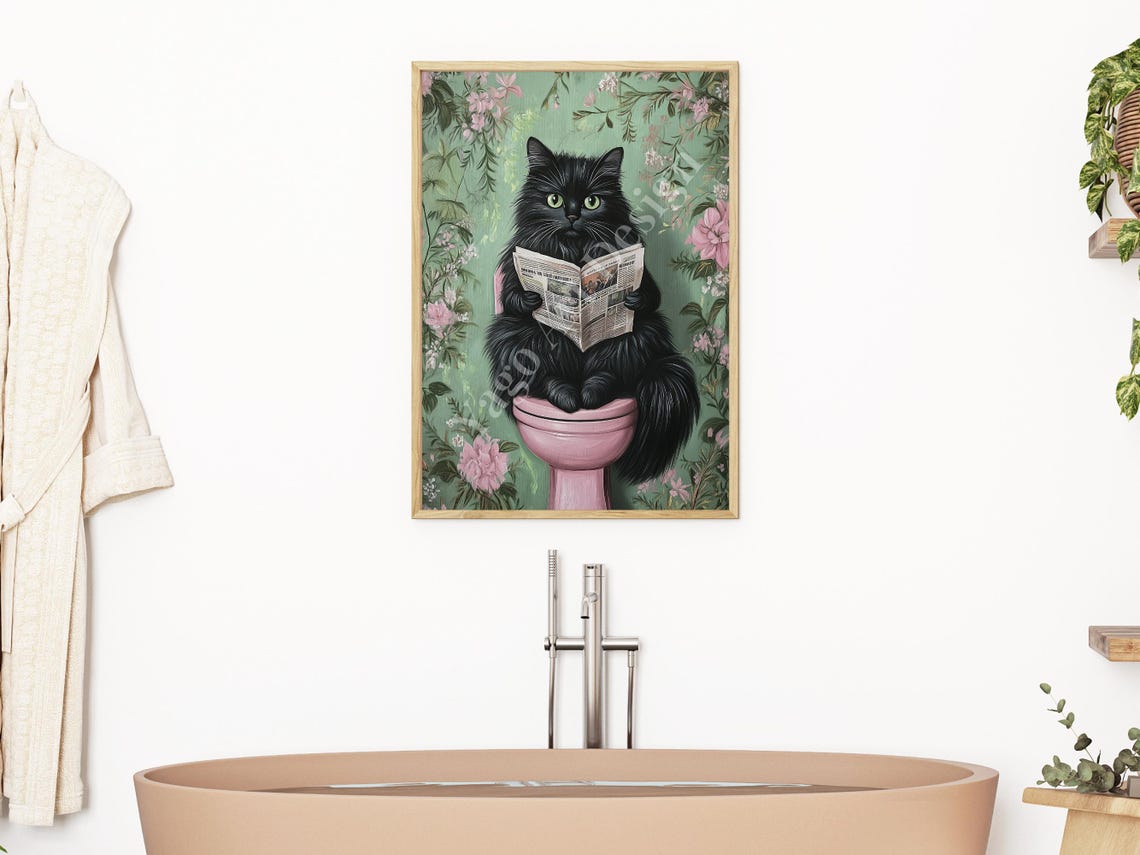 Black Cat Reading Newspaper on Pink Toilet Botanical Bathroom Poster - Image 2