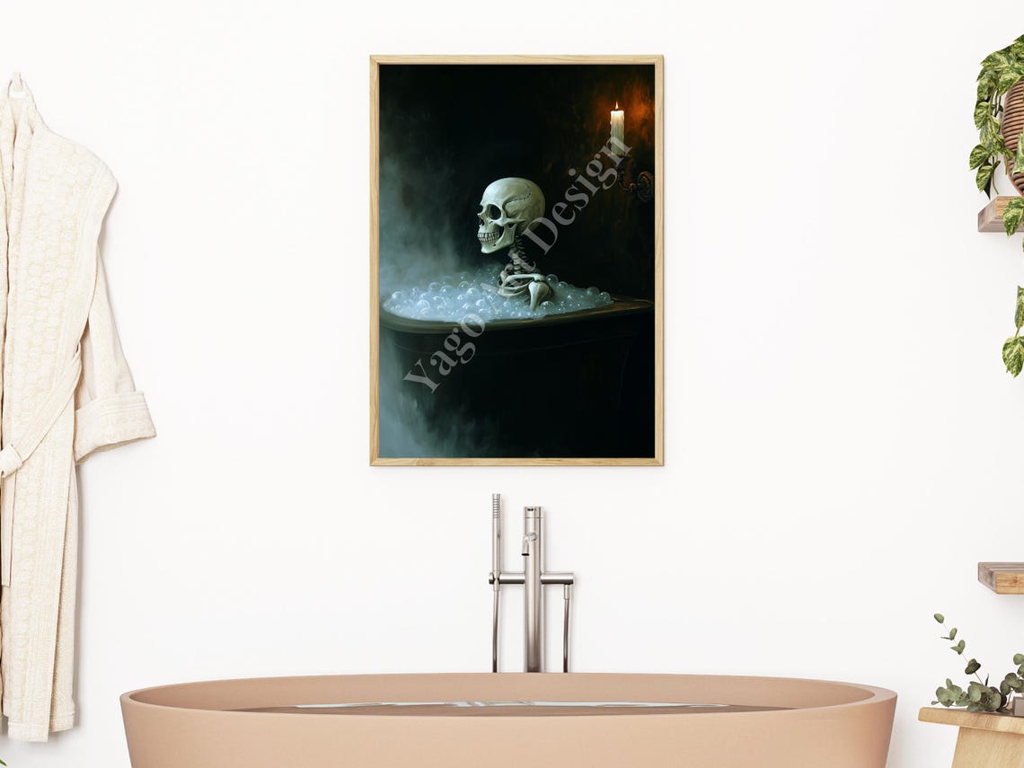 Skeleton Relaxing in Candlelit Bubble Bath Spooky Halloween Poster - Image 3