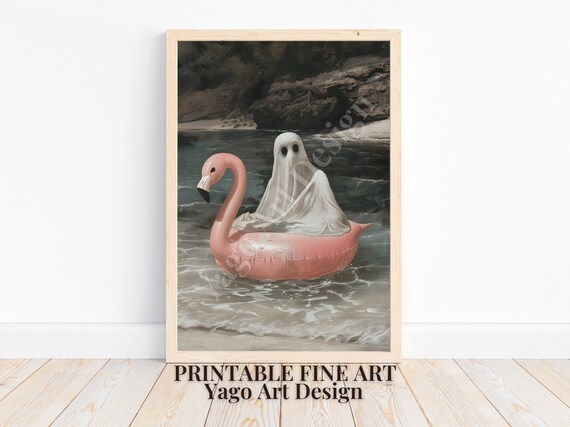 Cute Ghost Floating on Pink Flamingo Pool Float Summer Poster