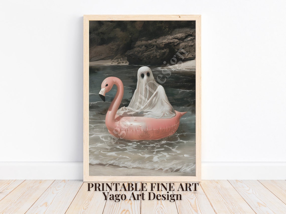 Cute Ghost Floating on Pink Flamingo Pool Float Summer Poster