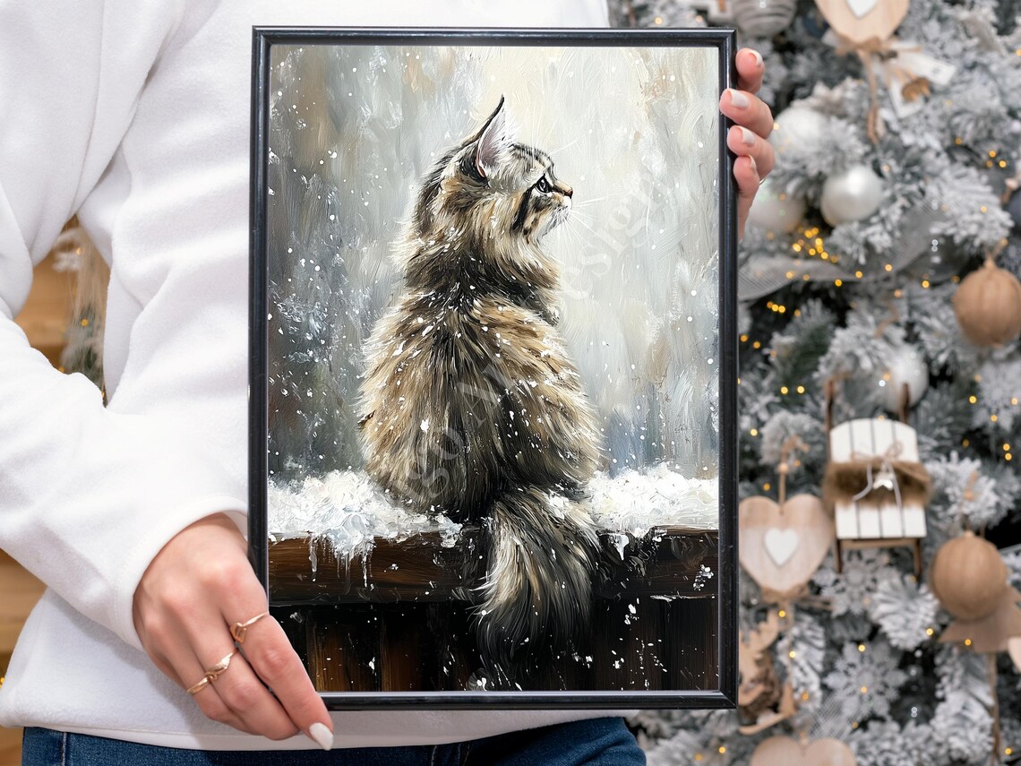 Fluffy Long Haired Cat in Snowfall on Fence Winter Painting Poster - Image 4