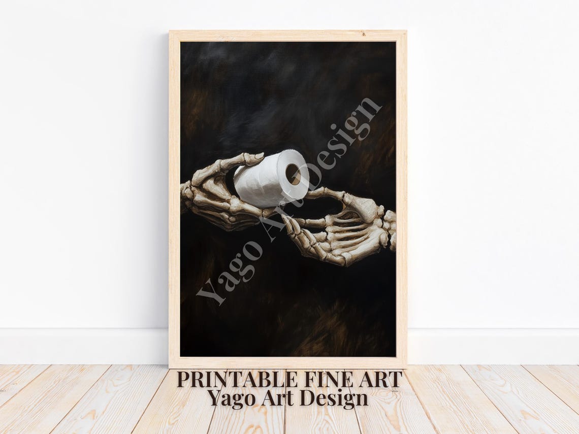 Skeleton Hands Offering Last Toilet Paper Roll Dark Humor Poster