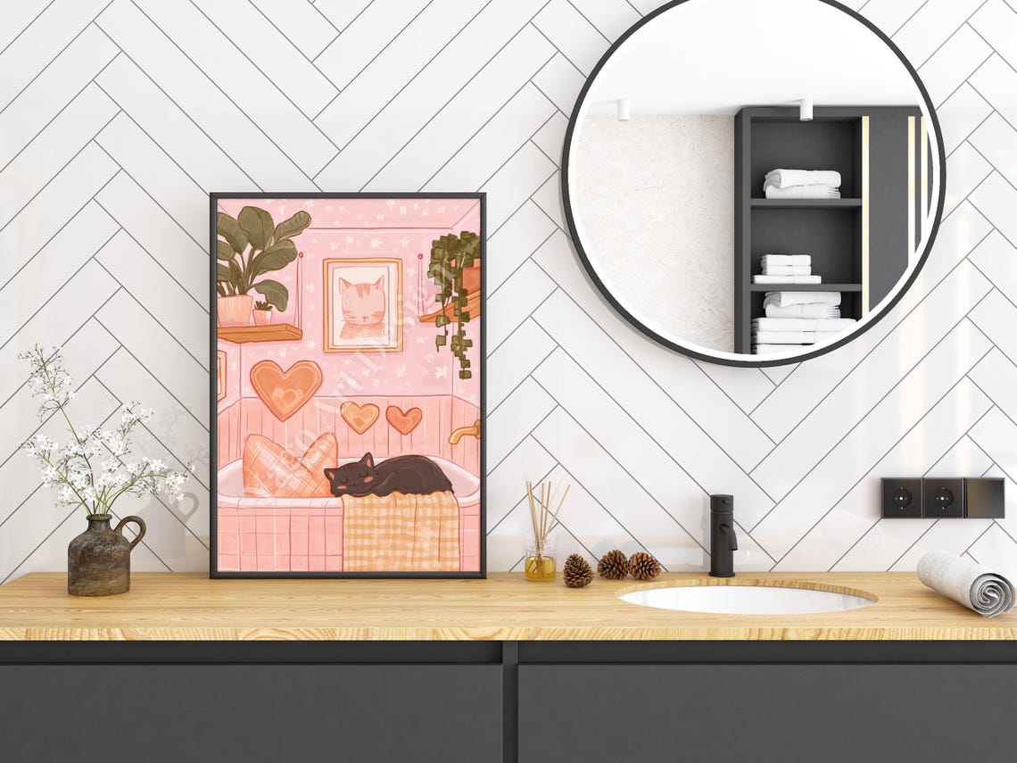 Sleeping Black Cat Pink Bathtub Valentine Cartoon Bathroom Poster - Image 2