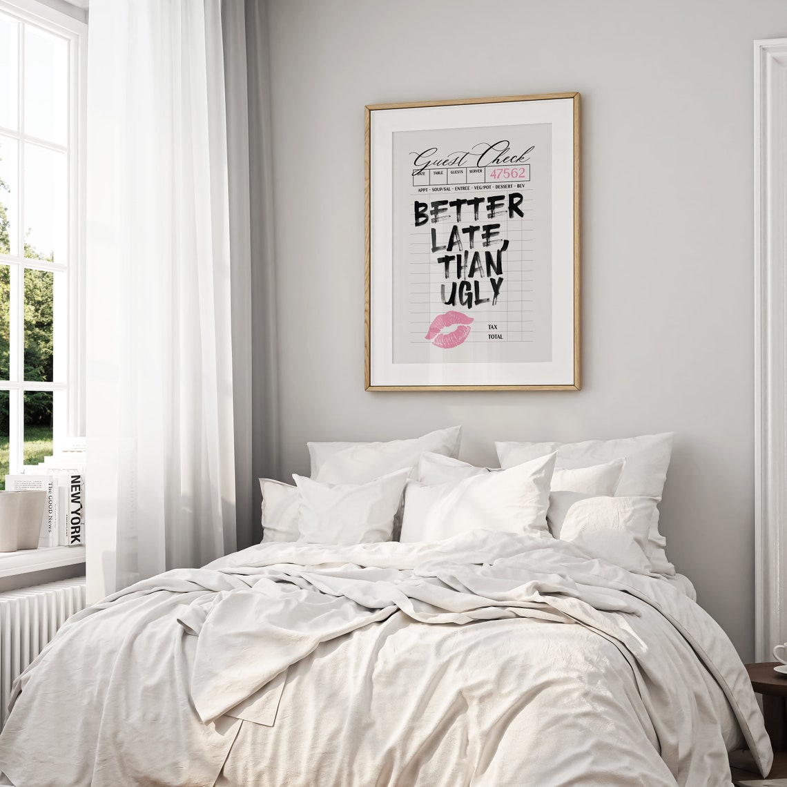 Better Late Than Ugly Bold Guest Check Lipstick Kiss Quote Poster - Image 2