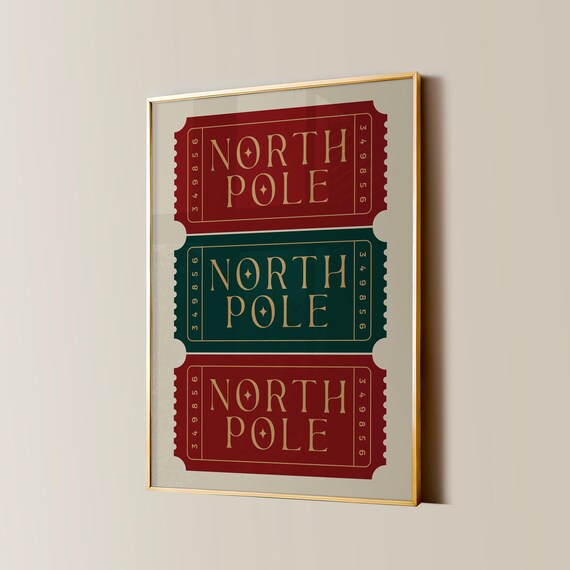North Pole Ticket Red Green Gold Vintage Christmas Stub Trio Poster