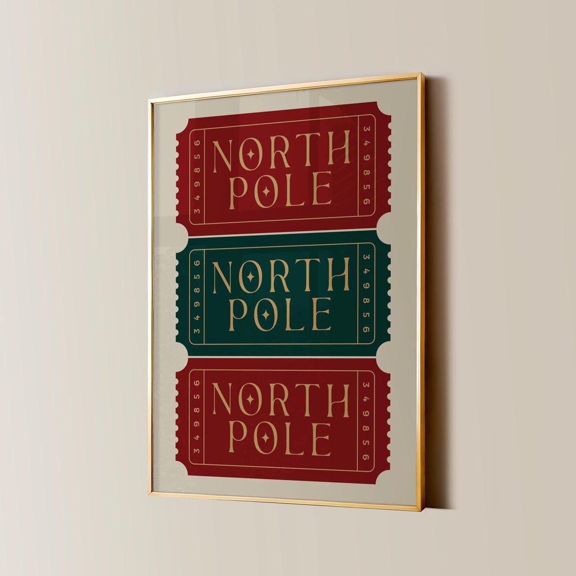 North Pole Ticket Red Green Gold Vintage Christmas Stub Trio Poster
