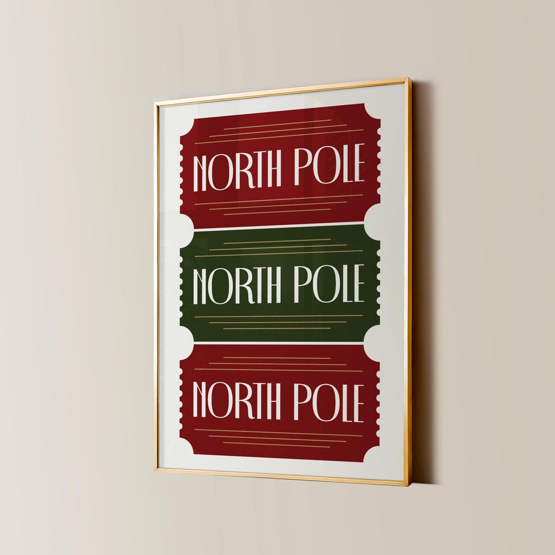 North Pole Ticket Burgundy Green Classic Christmas Stub Trio Poster