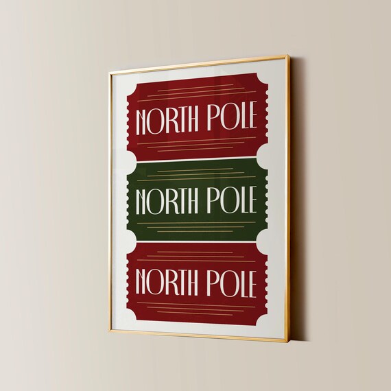 North Pole Ticket Burgundy Green Classic Christmas Stub Trio Poster