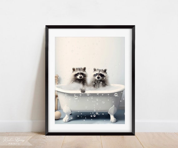 Raccoons Bubble Bath Art Wall Art Clawfoot Tub Home Decor Bathroom Decor Cute Instant