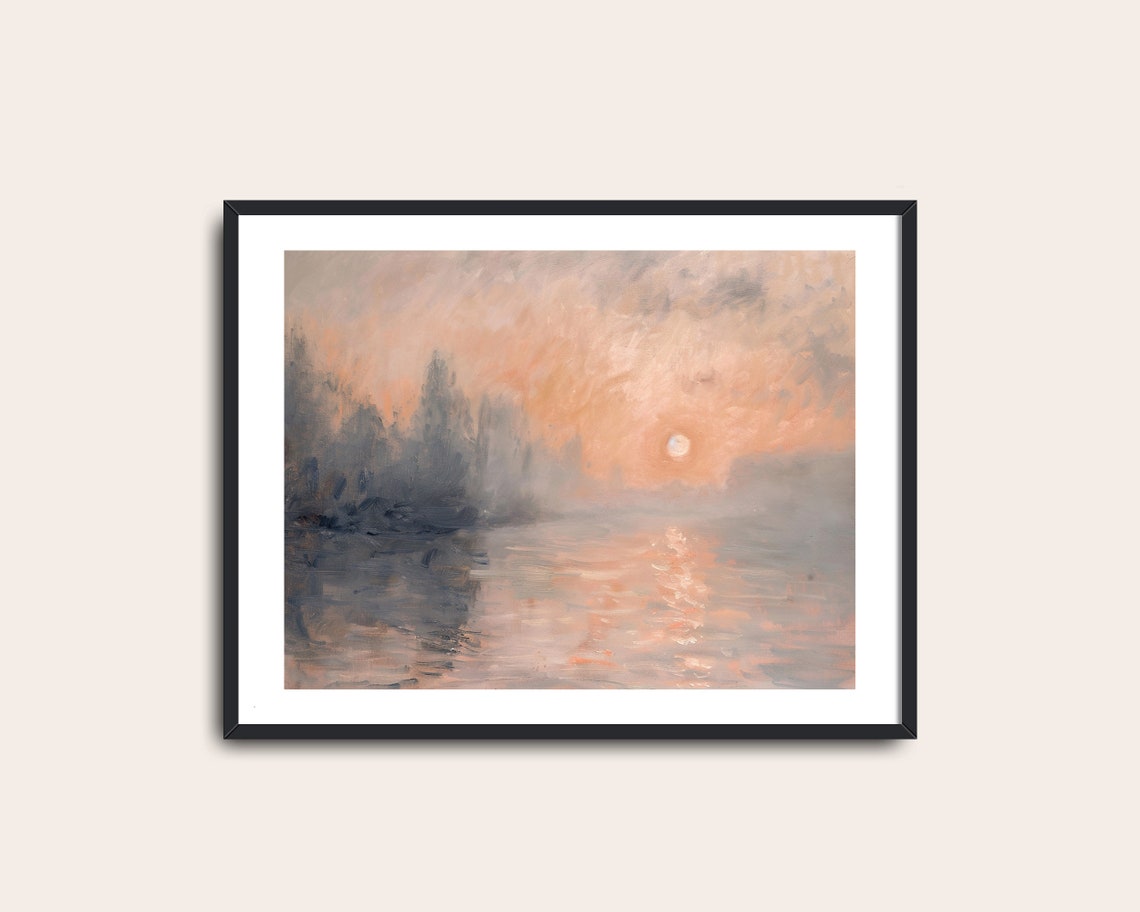 Impressionist Peach Sunset Misty River Reflection Landscape Print - Image 2