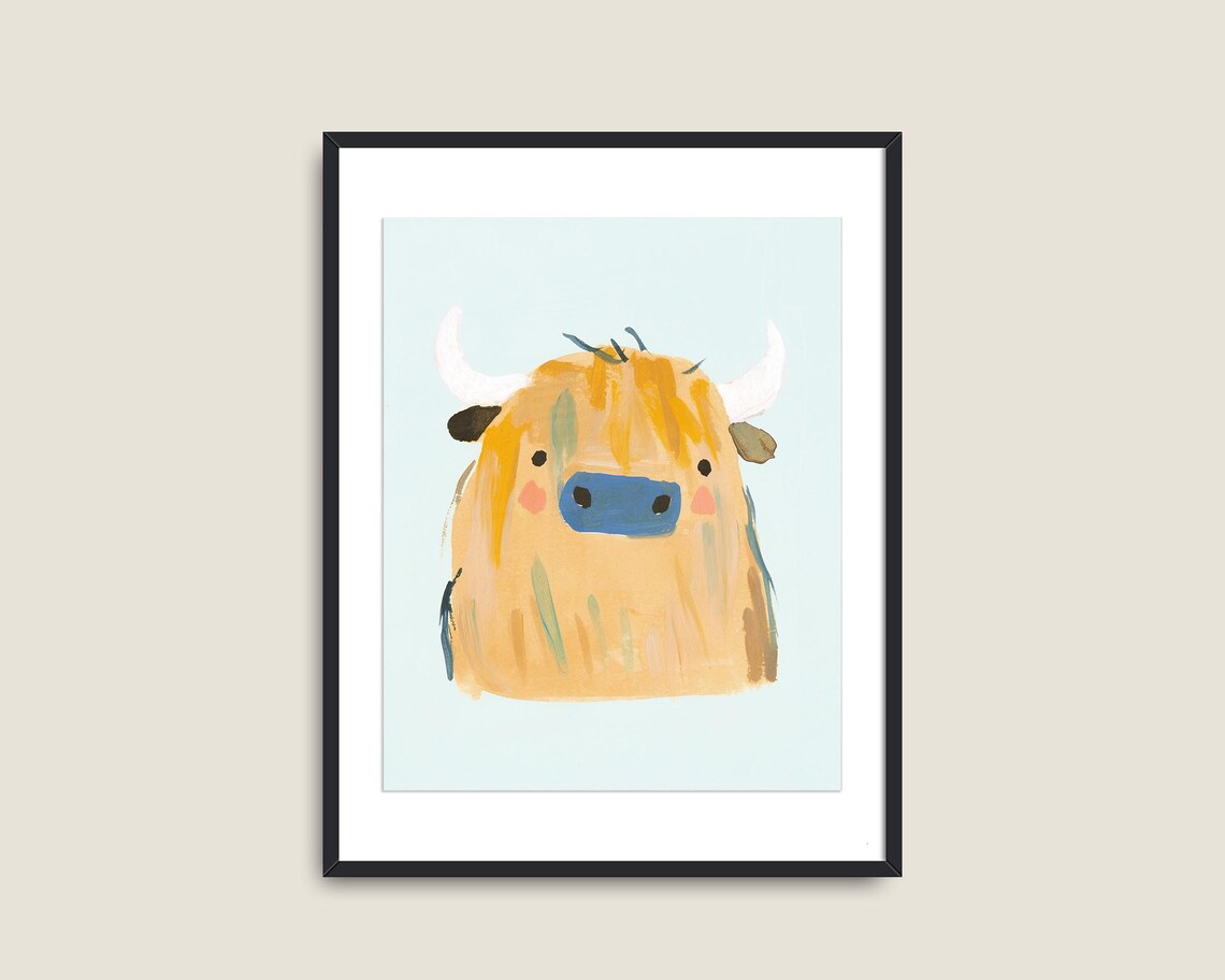 Cute Highland Cow Painting Golden Fuzz Pastel Kids Animal Poster - Image 2