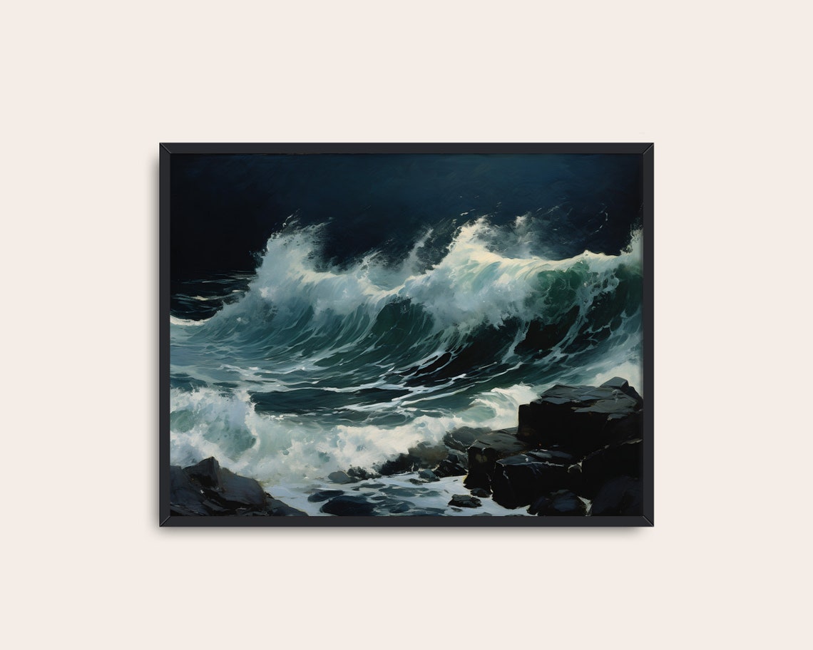 Dramatic Night Ocean Wave Crashing Rocks Dark Seascape Poster - Image 3