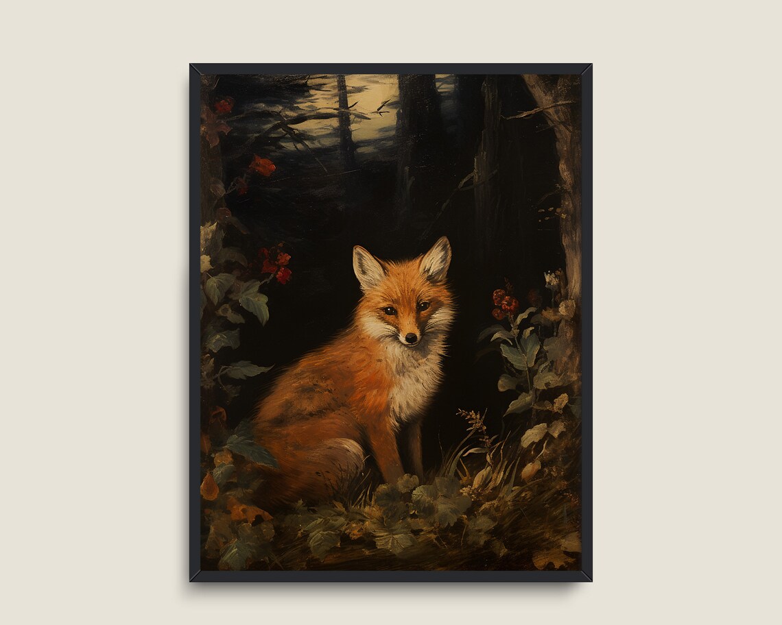Red Fox in Dark Forest Vintage Style Moody Woodland Animal Wall Print - Image 3