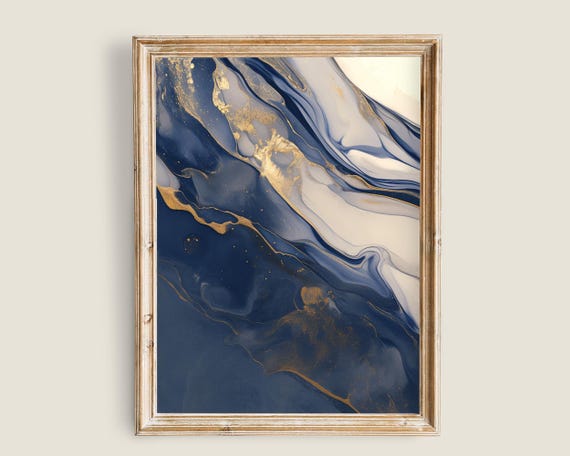 Indigo Blue Abstract Painting Elegant Neutral Print Wall Art Dark Blue And Gold Modern Art Neutral Wall Decor