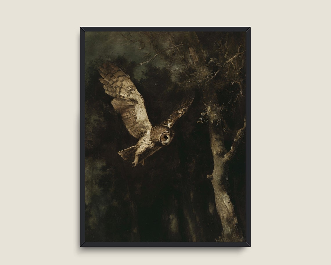 Owl Flying Through Dark Night Forest Moody Wildlife Painting Poster - Image 3