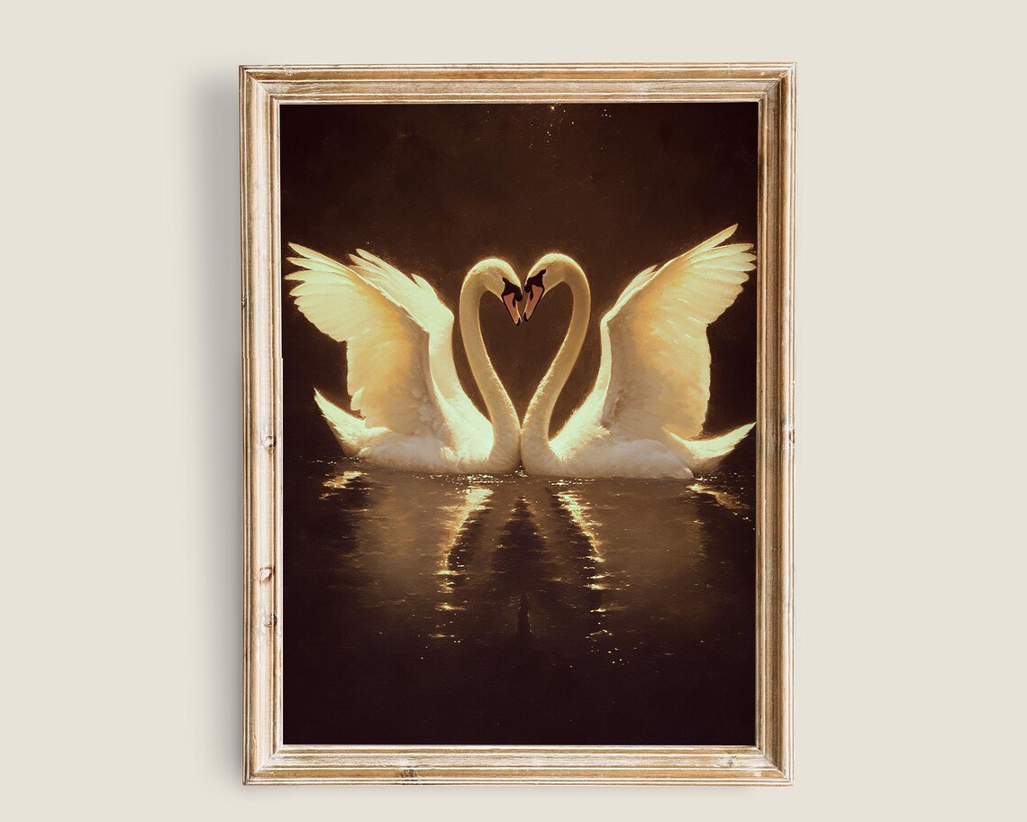 Two Swans Heart Shape Dark Water Romantic Love Wildlife Print