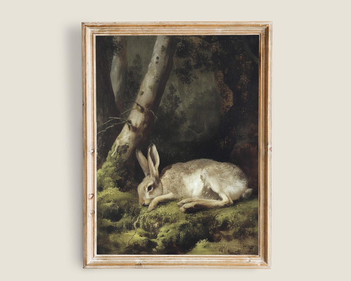 Resting Hare On Mossy Forest Floor Dark Woodland Vintage Art Print