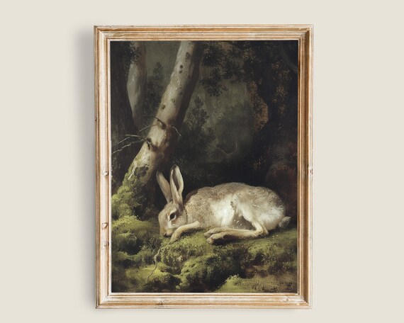 Resting Hare On Mossy Forest Floor Dark Woodland Vintage Art Print