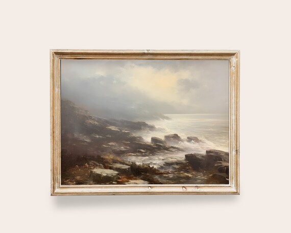 Misty Foggy Rocky Coastline Seascape Waves Vintage Ocean Poster
