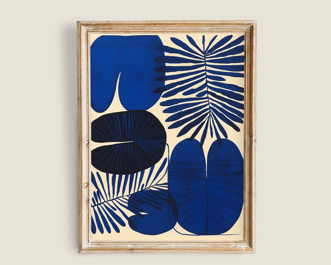 Bold Blue Palm Leaves Tropical Botanical Modern Minimalist Wall Art
