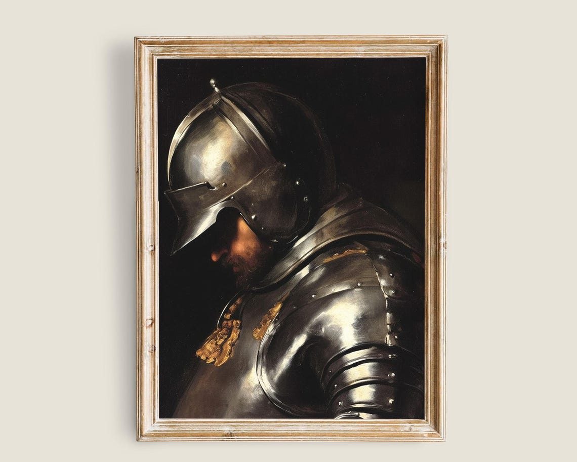 Medieval Knight In Steel Armor Profile Dark Vintage Portrait Print