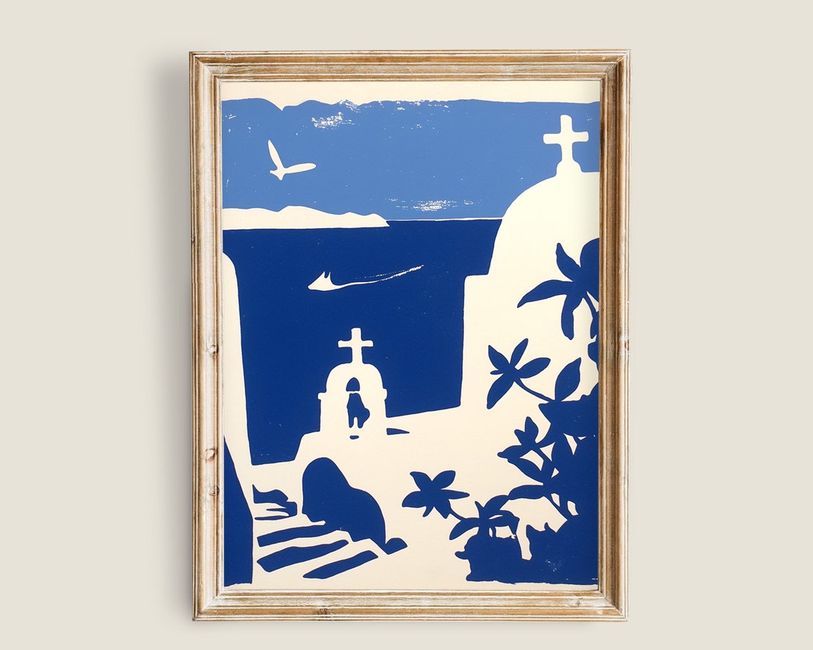 Santorini Greece Print Santorini Summer Wall Art Traveling Decor Coastal Town Matisse Inspired Art