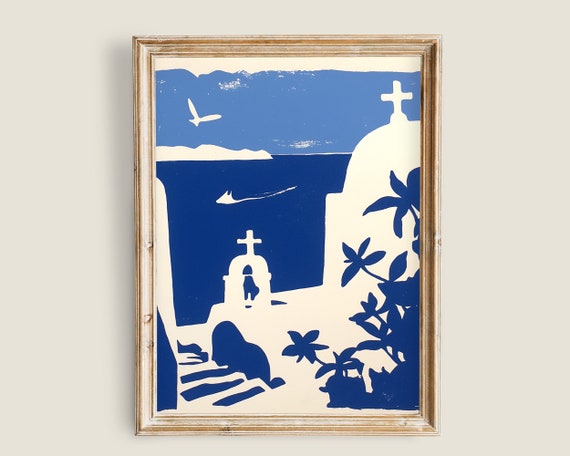 Santorini Greece Print Santorini Summer Wall Art Traveling Decor Coastal Town Matisse Inspired Art