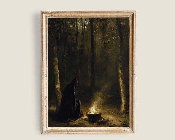 Hooded Witch By Cauldron Fire In Dark Woods Gothic Occult Poster