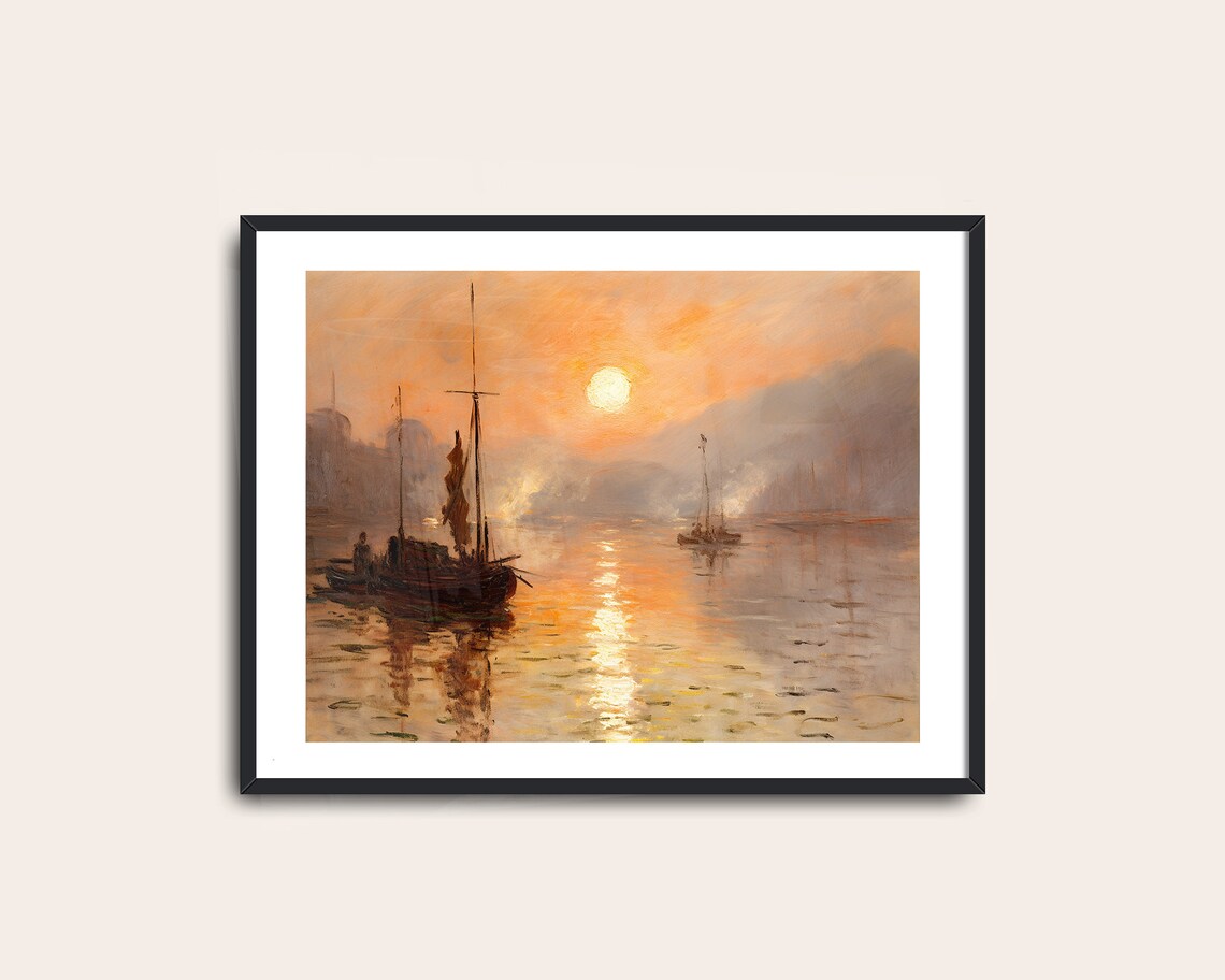 Vintage Sunset River Boats Landscape Art Print - Image 2