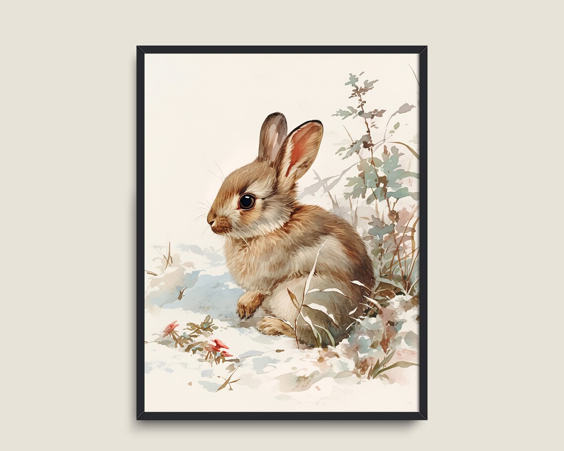 Cute Bunny Rabbit Watercolor Snow Woodland Nursery Animal Print - Image 3