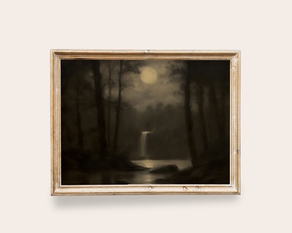 Dark Academia Waterfall Moon Landscape Art Print