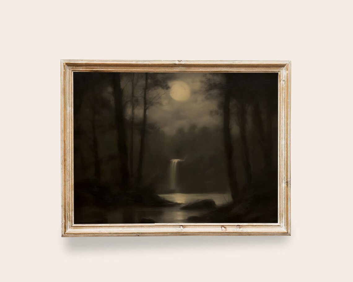 Dark Academia Waterfall Moon Landscape Art Print