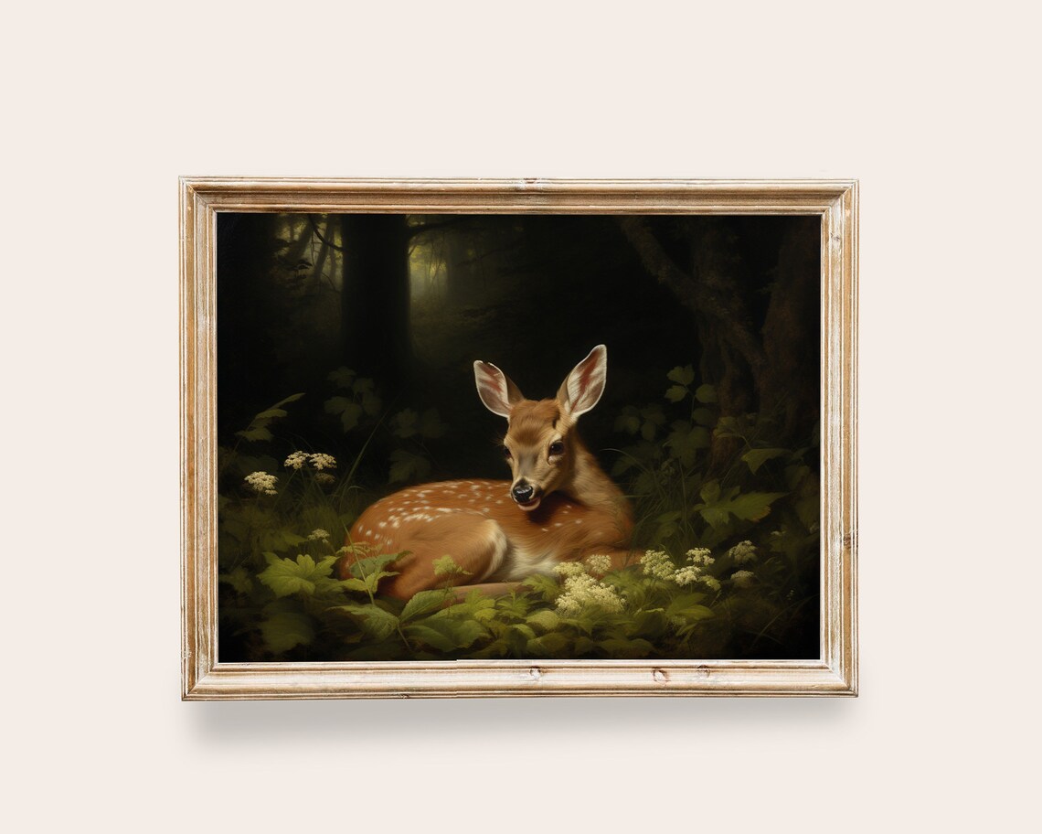 Deer Fawn Vintage Animal Art Print, Rustic Forest