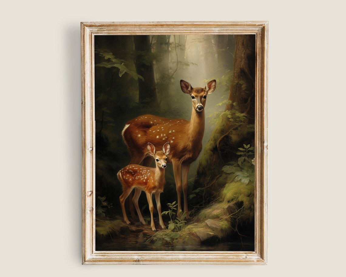Doe Fawn Misty Forest Stream Vintage Wildlife Painting Wall Art Poster - Image 3