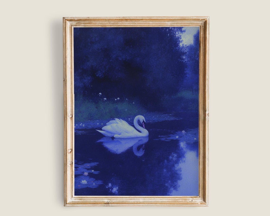 White Swan Moonlit Blue Lake Night Reflection Romantic Wall Art Poster