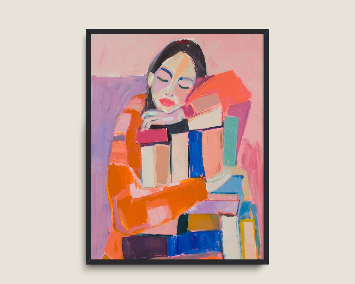Woman Portrait Art Girl Pastel Decor Woman Reading Wall Art Woman Wall Art Bookworm Bookshelf Colorful Print - Image 3