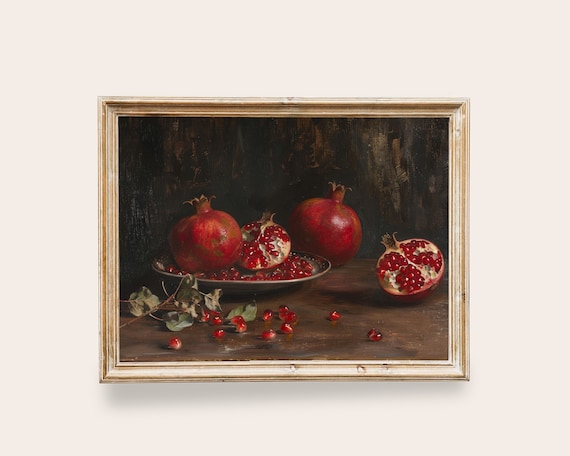 Pomegranate Still Life Art Moody Farmhouse Decor Wall Art Dark Elegant Decor Vintage Fruits
