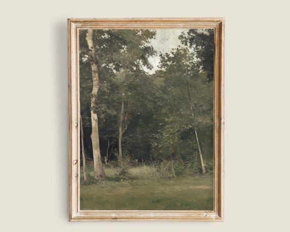 Nature Landscape Vintage Painting Forest Meadow Landscape Art Antique Rustic Farmhouse Decor Moody Woods Art Wall Art