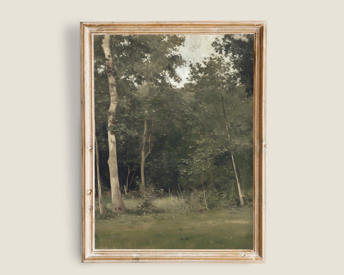 Forest Glade Birch Trees Moody Green Vintage Landscape Wall Art Poster