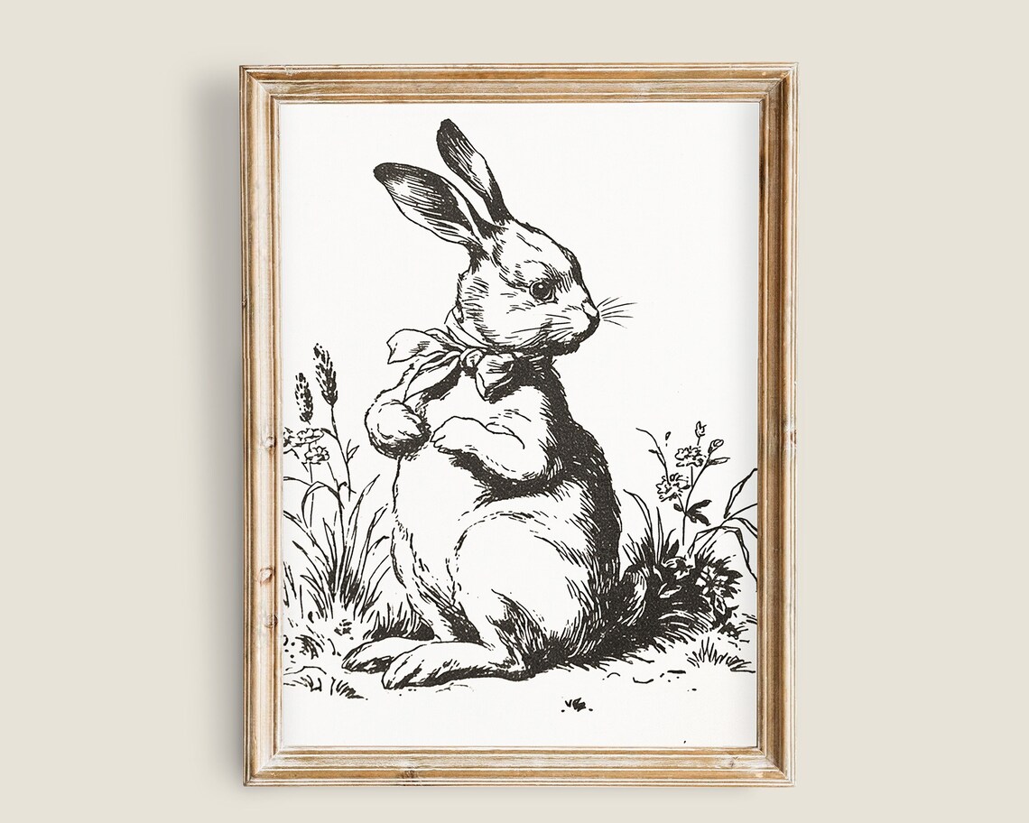 Bunny Bow Vintage Black Engraving Antique Rabbit Botanical Farmhouse Wall Art